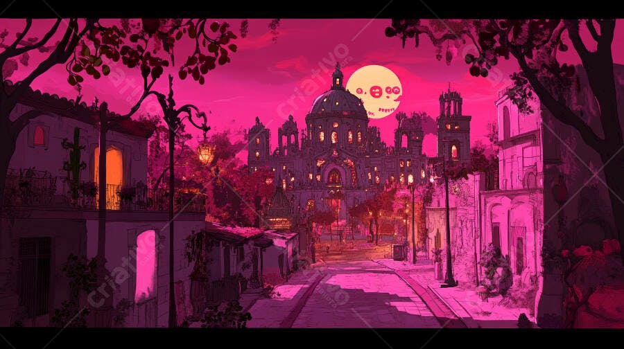 Cidade fantástica rosa catedral luminosa e lua sorridente à noite