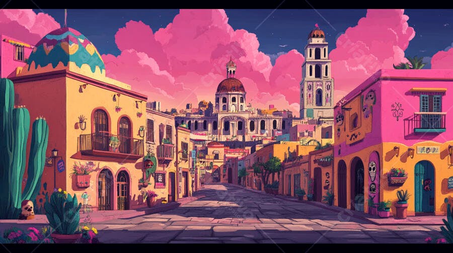 Rua de cidade mexicana colorida com céu rosa vibrante ao entardecer