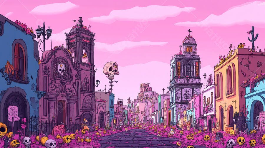 Rua festiva vibrante com caveiras coloridas e edifícios coloniais rosa violeta