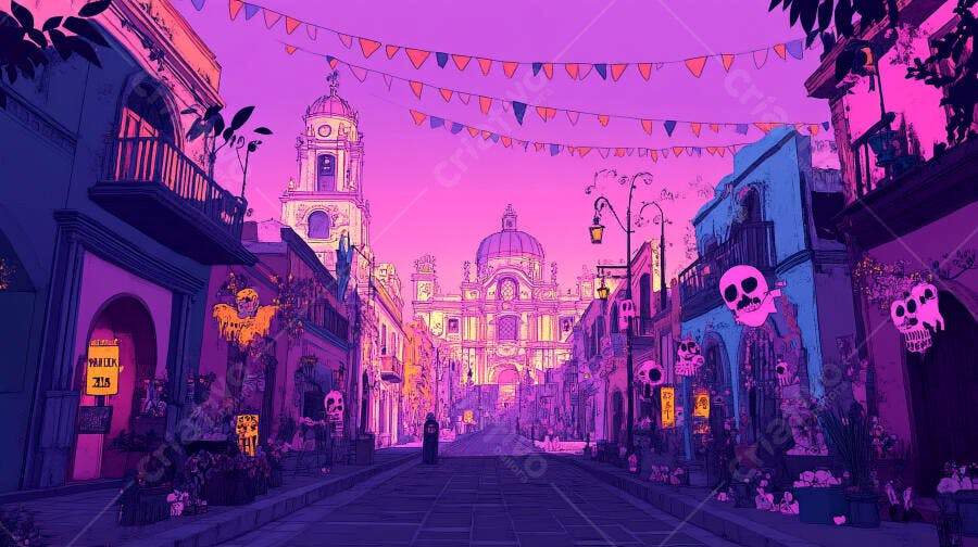 Rua colorida mexicana decorada para Dia de Muertos com caveiras rosadas ao entardecer