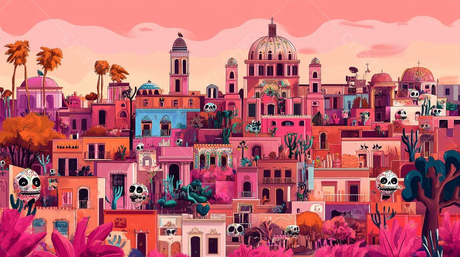 Cidade festiva vibrante com calaveras e arquitetura mexicana ao entardecer