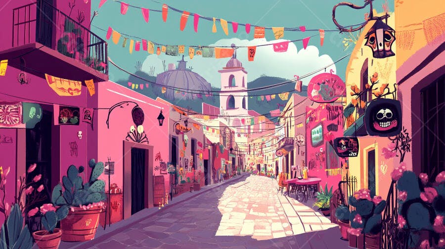 Rua festiva colorida com casas rosa bandeirinhas e cactos em cidade mexicana