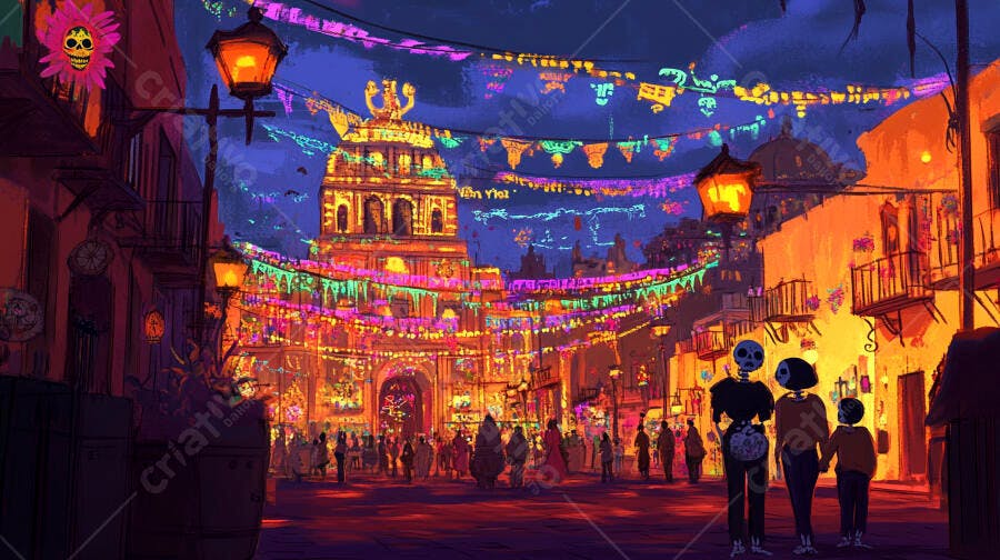 Festa Dia dos Mortos rua mexicana iluminada calaveras coloridas
