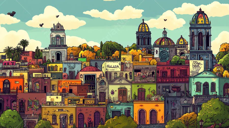 Cidade mexicana vibrante com casas coloridas igrejas e arquitetura colonial ilustrada