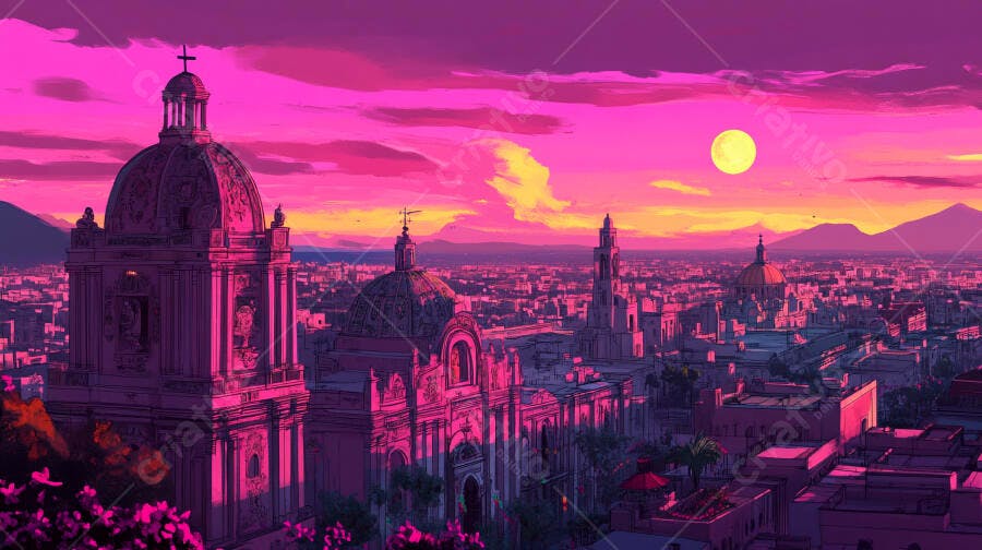 Pôr do sol rosa vibrante sobre cidade histórica com igrejas e cúpulas