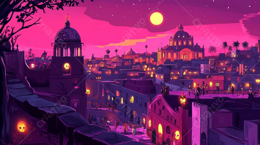 Cidade mexicana festiva iluminada sob céu rosa e lua cheia
