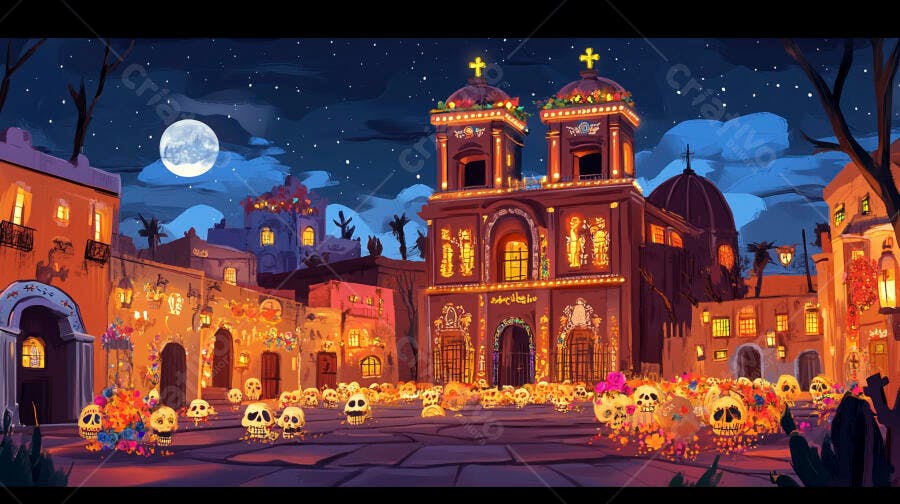 Noite de Dia de Muertos em cidade mexicana com igreja iluminada e calaveras coloridas
