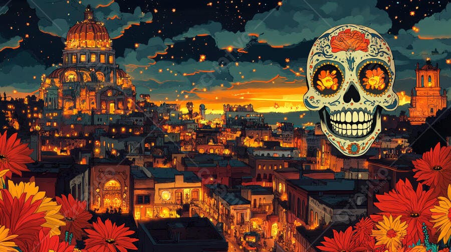 Calavera mexicana colorida sobre cidade iluminada no Dia dos Mortos