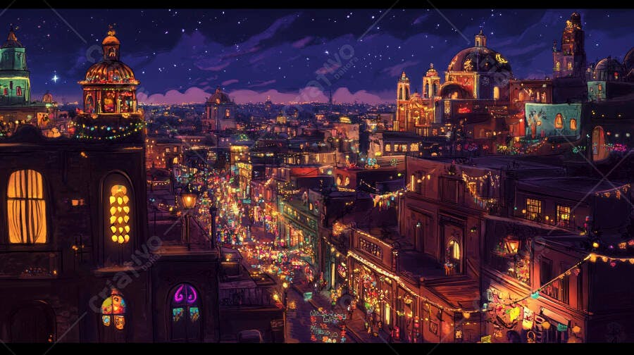 Vistas aéreas de cidade histórica à noite com luzes de festival