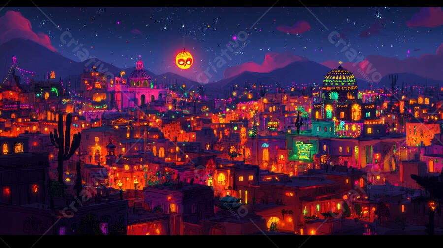 Cidade mexicana festiva iluminada à noite com lanterna de caveira