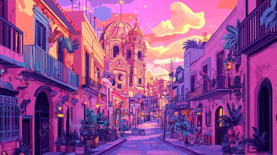 Rua ilustrada vibrante com catedral rosa e roxa ao entardecer
