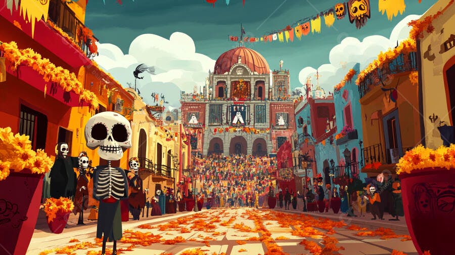 Esqueleto calavera na celebração Dia de los Muertos rua colorida mexicana igreja