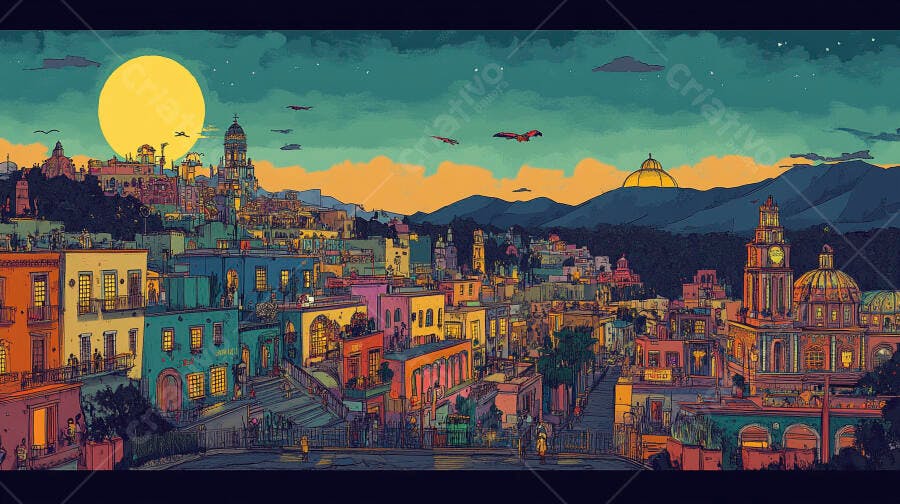 Paisagem urbana colorida com lua cheia e arquitetura colonial ao anoitecer