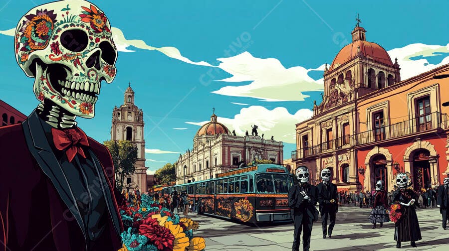 Calaveras elegantes desfilam em rua colonial mexicana no Dia dos Mortos