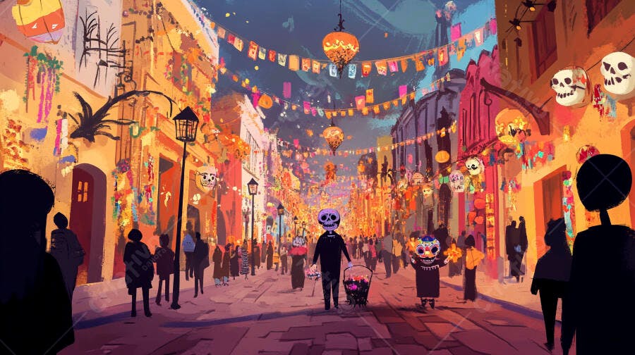 Rua festiva do Dia dos Mortos com calaveras e papel picado à noite