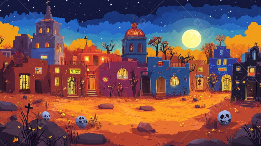 Ilustração vila mexicana colorida noturna Dia de Mortos com lua e caveiras