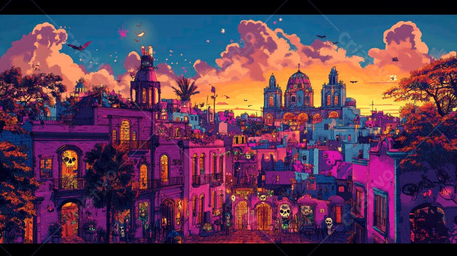 Paisagem urbana colorida com arquitetura colonial e caveiras ao pôr do sol