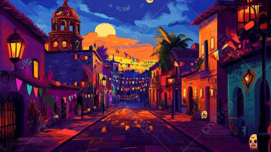 Cidade mexicana rua festiva iluminada com bandeirinhas e lanternas ao anoitecer