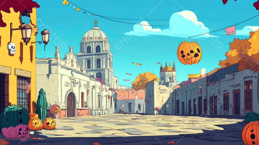 Cidade colonial mexicana com abóboras e caveiras para o Dia dos Mortos