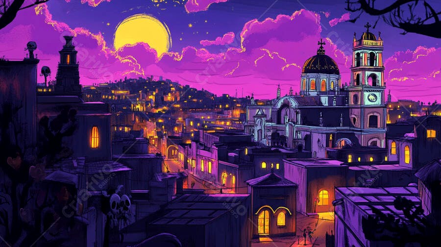 Cidade noturna vibrante com catedral histórica e lua cheia em tons roxos