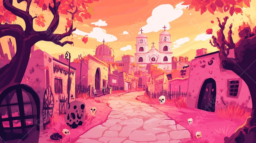 Vila mexicana colorida com igreja e caveiras no Dia dos Mortos