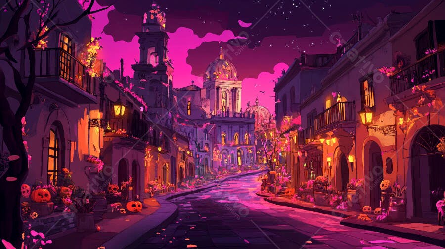Vila noturna iluminada para Halloween com abóboras e luzes roxas