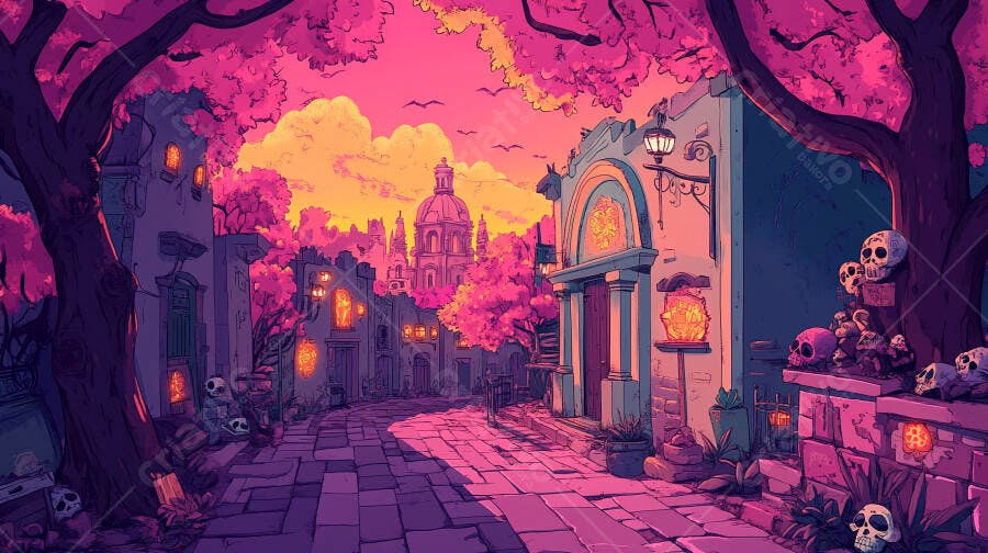 Rua colorida de cidade fantástica com caveiras e árvores rosas ao entardecer