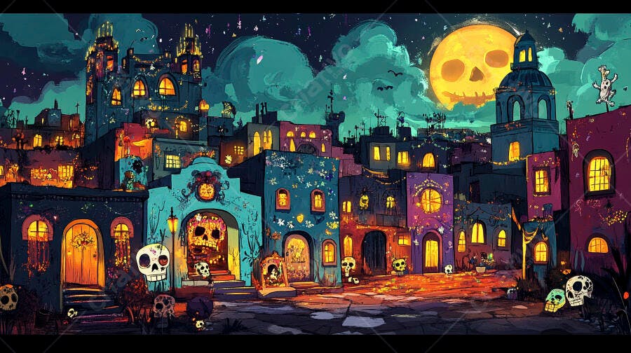 Vila mexicana colorida à noite com decorações de Dia dos Mortos e lua caveira