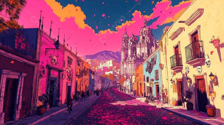 Rua vibrante cidade mexicana com pétalas rosa azul céu e igreja histórica
