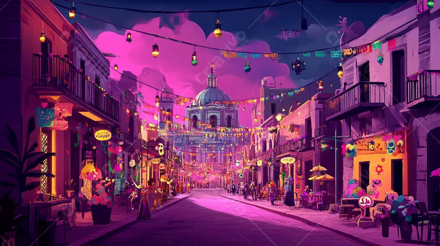 Rua festiva roxa e rosa com decorações vibrantes e catedral ao entardecer