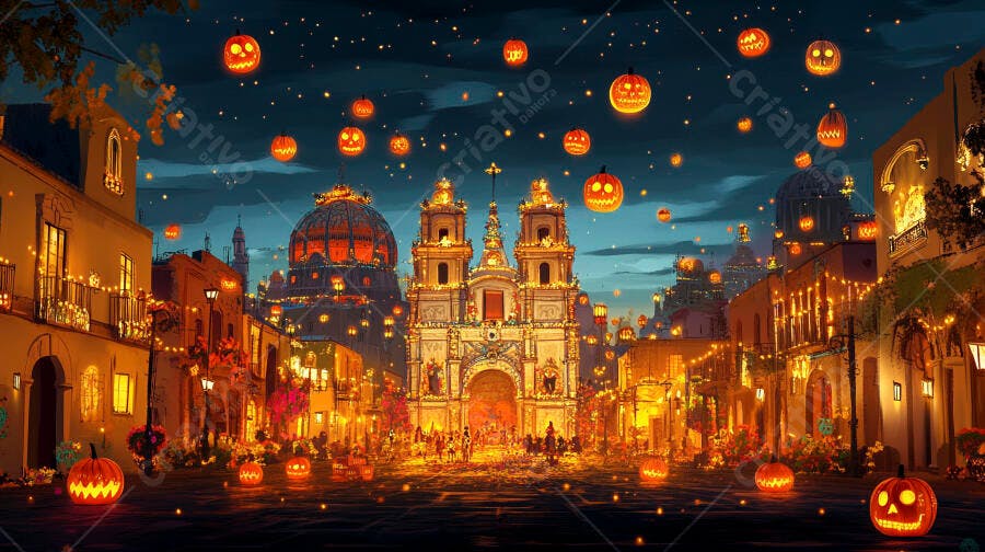 Cidade festiva de Halloween com abóboras flutuantes e igreja iluminada à noite