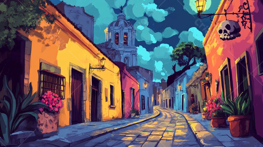 Rua de vila colorida com casarões e igreja ao anoitecer estilo pintura