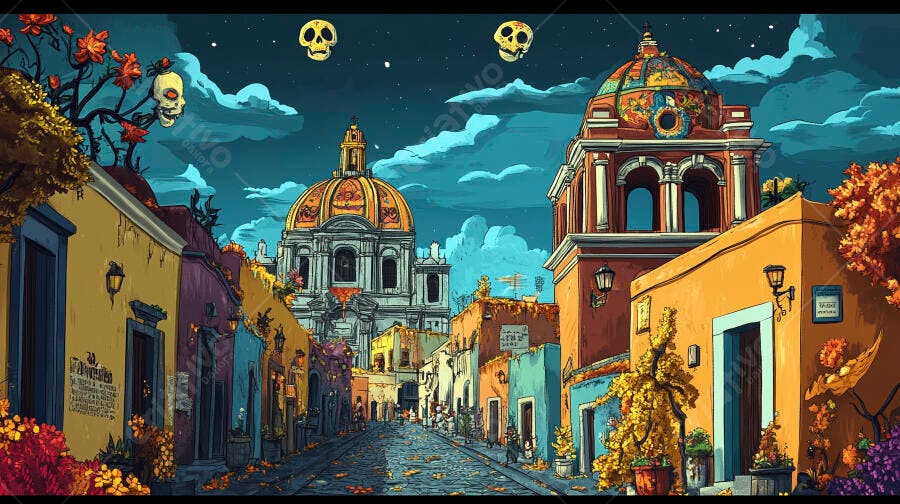 Rua mexicana colorida igrejas e caveiras flutuantes celebra Dia de los Muertos