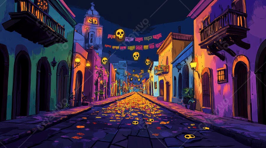 Rua mexicana colorida celebrando Dia de Muertos à noite