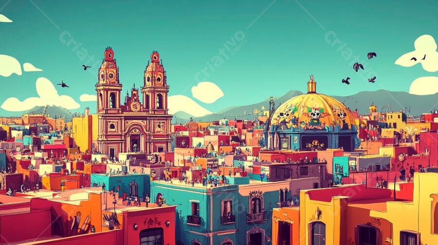 Cenário urbano mexicano vibrante com casas coloridas igreja e cúpula cultural