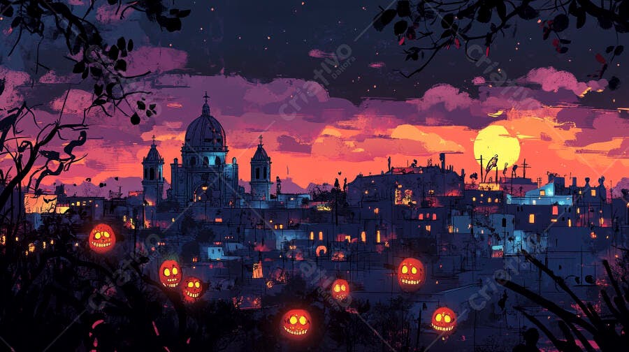 Lanternas de Halloween iluminando cidade ao pôr do sol colorido