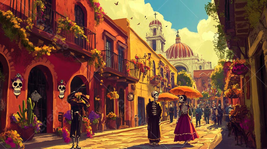 Esqueletos celebrando Dia de Muertos em rua mexicana colorida