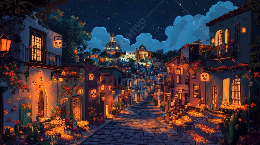 Rua mexicana noturna decorada para Dia de los Muertos com lanternas e flores