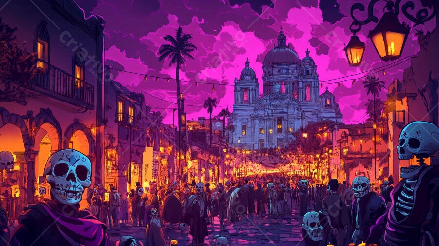 Festival Dia de los Muertos na rua com multidão de caveiras e igreja roxa