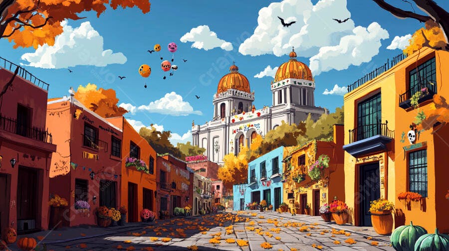 Rua colorida em cidade colonial mexicana com decoração de outono e Dia dos Mortos