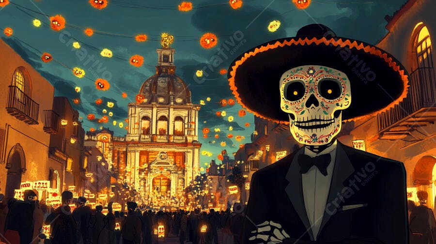 Esqueleto Catrina festivo em rua mexicana celebrando Dia de Muertos