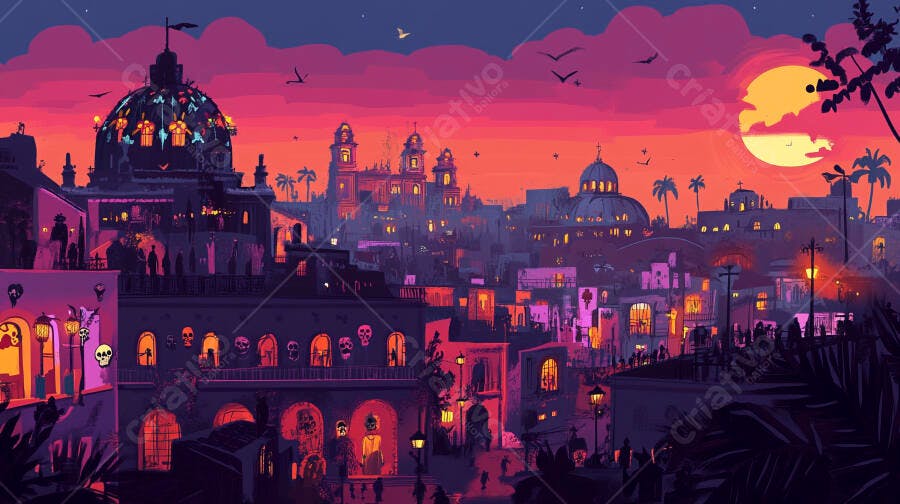 Cidade mexicana celebra Dia de los Muertos ao anoitecer com luzes e caveiras vibrantes