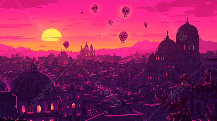 Calaveras flutuantes rosa sobre paisagem urbana roxa ao pôr do sol