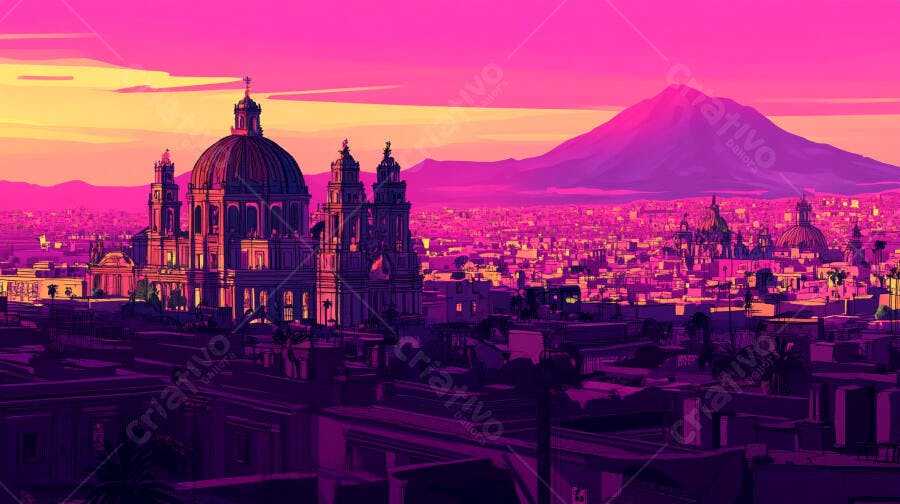 Cidade vibrante com catedral rosa e roxa e montanha ao amanhecer