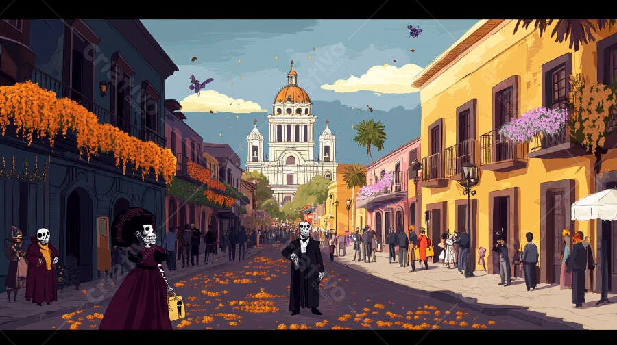 Catrinas e pessoas celebrando Dia de Muertos em rua vibrante mexicana com igreja