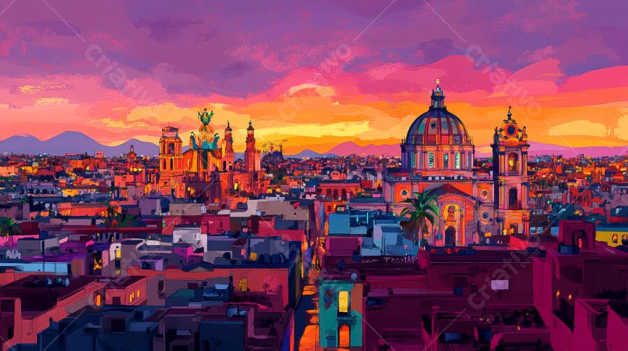 Cidade europeia vibrante ao pôr do sol com cúpulas e arquitetura colorida