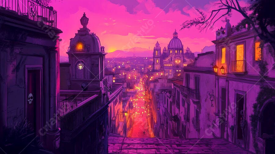 Cidade mágica roxa e rosa com luzes amarelas da rua ao entardecer