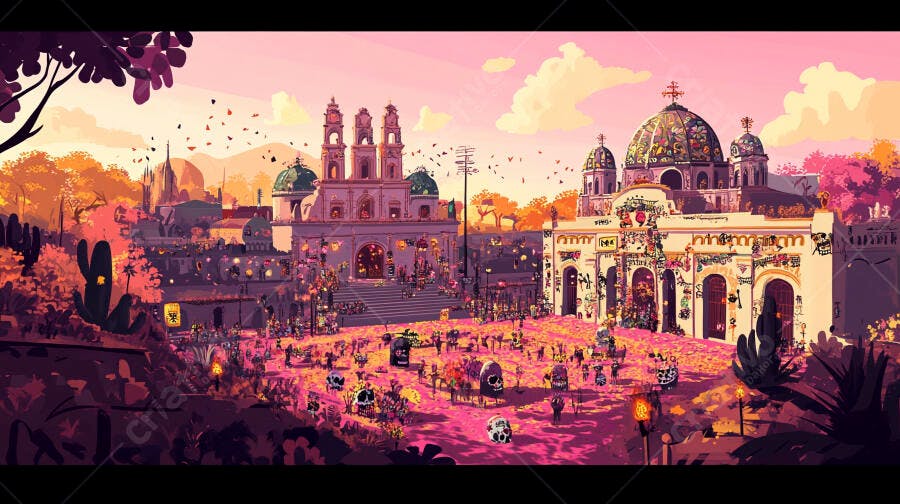 Cidade vibrante com calaveras celebrando Dia dos Mortos ao entardecer