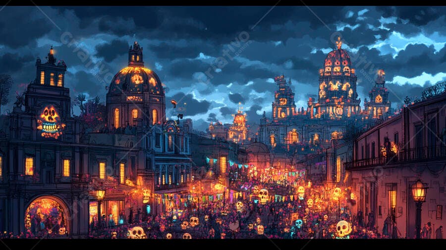 Festival Dia de los Muertos cidade histórica noturna com caveiras e luzes vibrantes