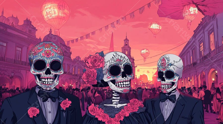 Calaveras elegantes em terno e vestido celebrando Dia dos Mortos colorido
